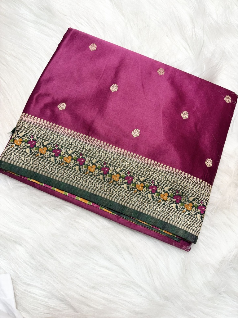 Mashru katan saree in magenta color with green meenakari border