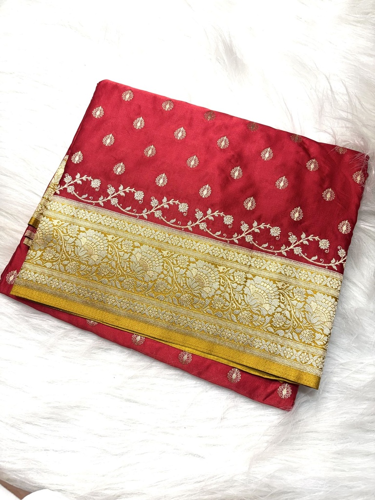 Banarasi mashru katan saree in red and yellow color combination with booti designs
