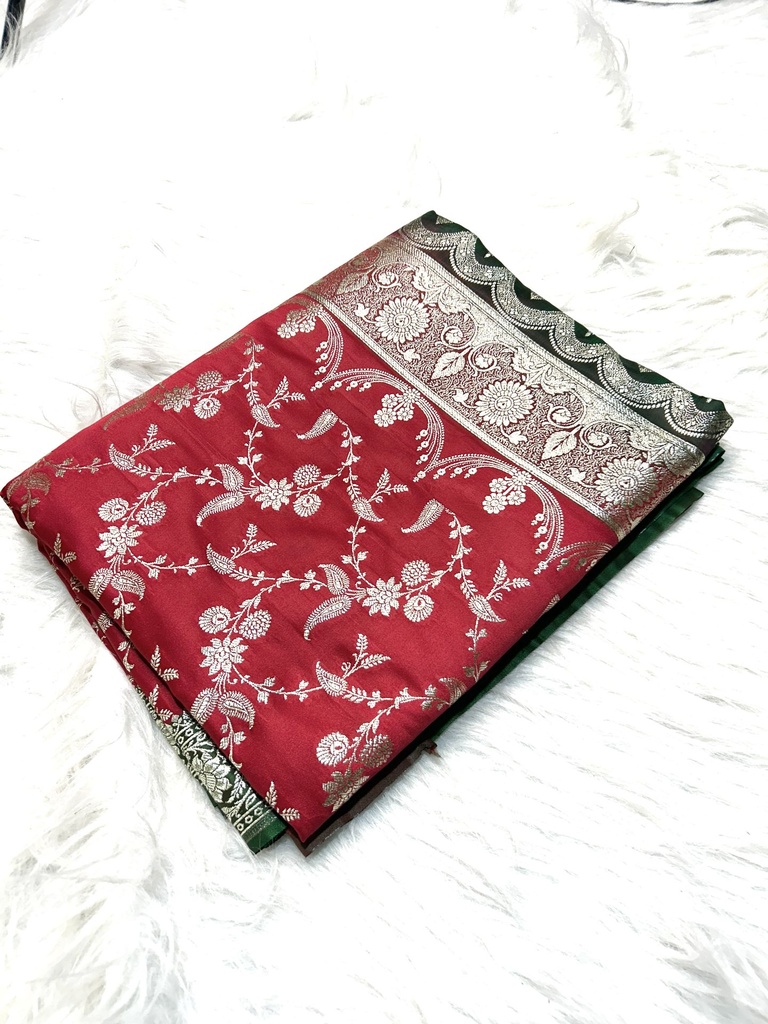 Banarasi mashru katan saree in red and green combination