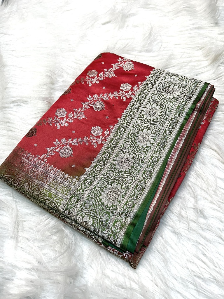 Banarasi mashru katan saree in red green combination with stone work
